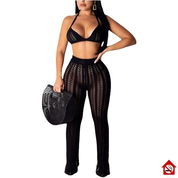 Crochet 2 pc Set Black Top & Stretchy Wide Leg Crochet Pants … - Picture 2 of 16